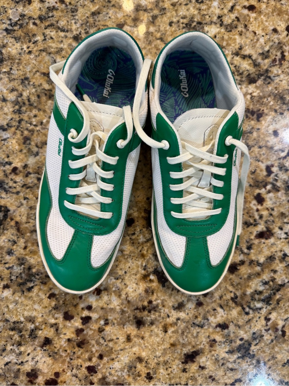 OluKai White and Green Women's Lace-Up Sneakers